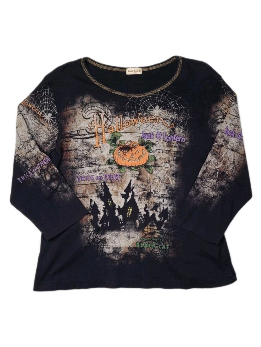 Vtg Studio Gem XXL Halloween LS Shirt Pumpkin Tree Bats Trick or Treat USA Made